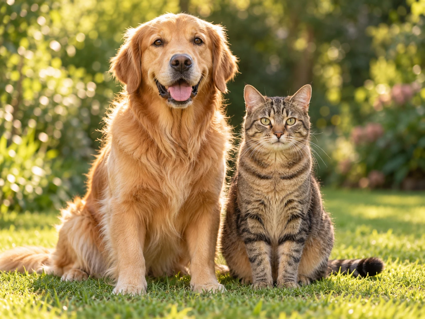 Ein Hund und eine Katze gemeinsam im Garten